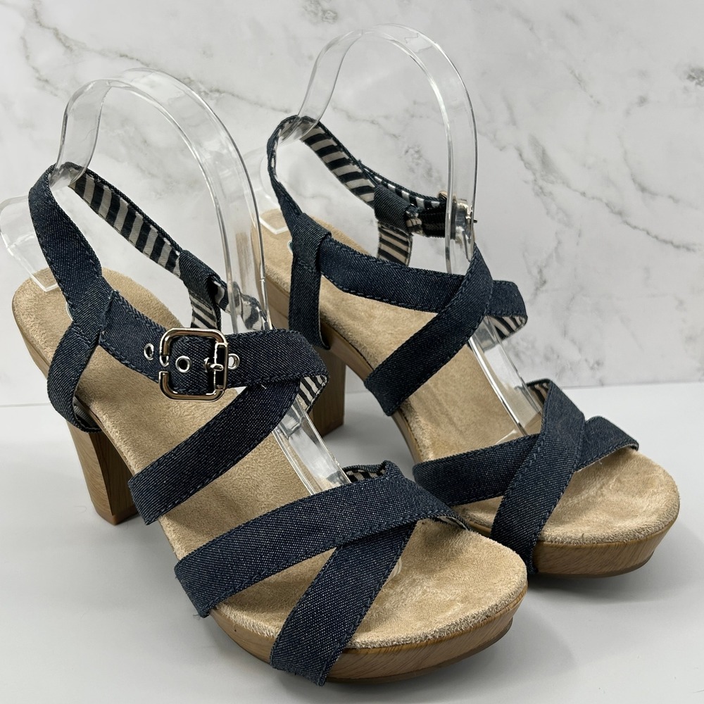 Dr Scholls True Lite Strappy Platform Block Heel Sandals Navy Tan Size 8.5